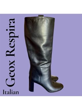 Geox Black Luxury, Italian Leather, Knee-High Block Heel Boots. Size 9.5 EUC!
